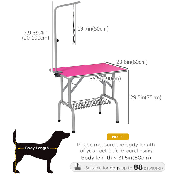 Foldable Grooming Table with Height Adjustable Grooming Arm and Storage Shelf, Pink