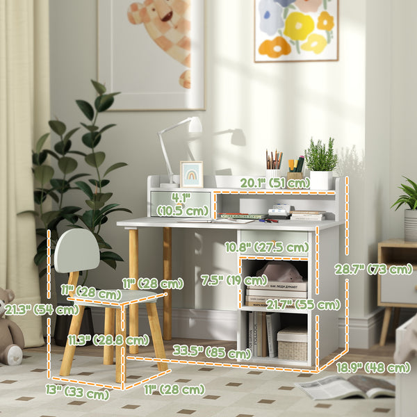 Desk and chairs with storage and shelves, for children aged 3 to 8, green
