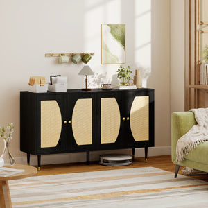 Buffet de rangement bohème avec étagères réglables, portes à fermeture douce et façade en rotin, noir