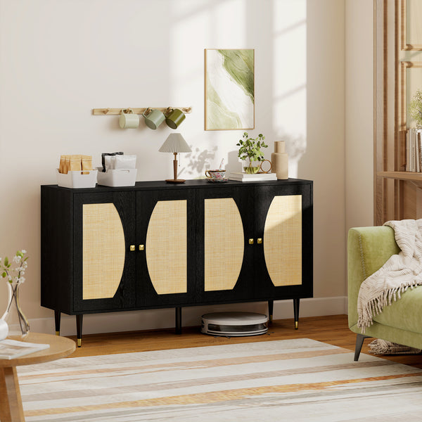 Buffet de rangement bohème avec étagères réglables, portes à fermeture douce et façade en rotin, noir