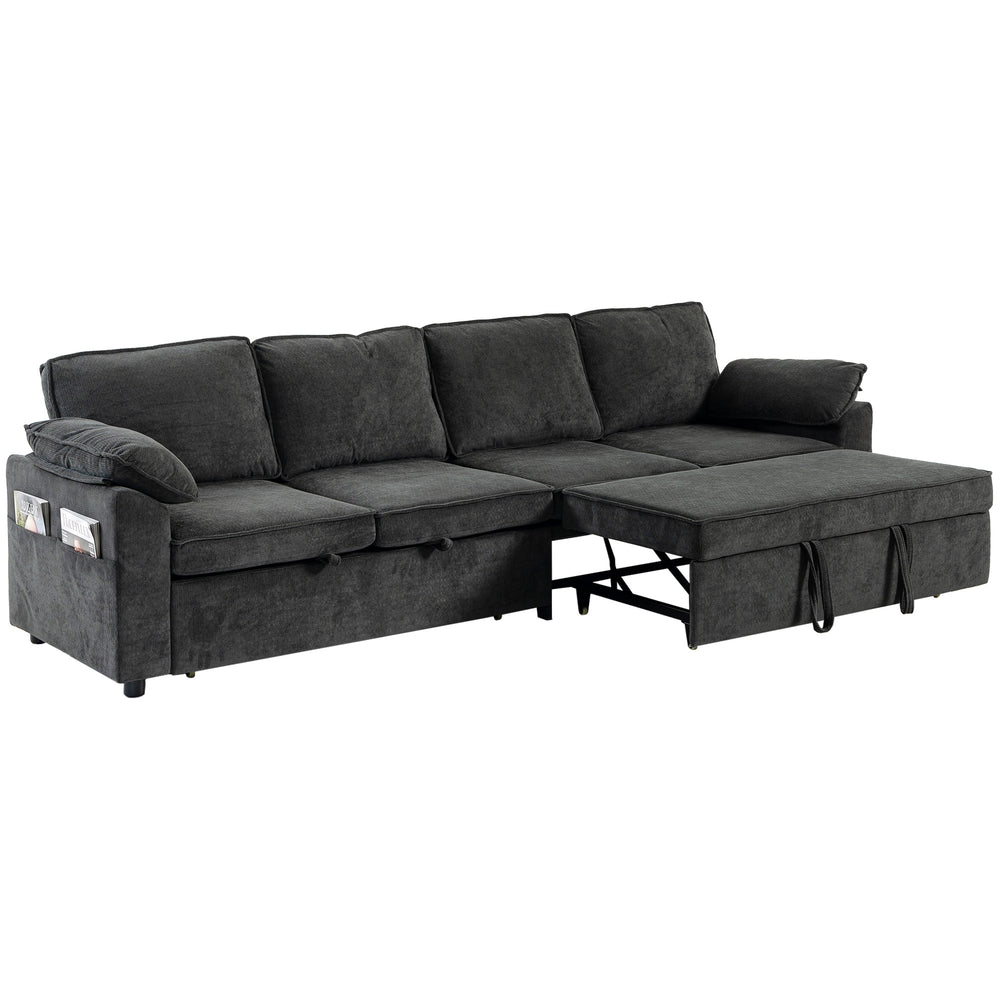 Sectional Sofa Bed, Double Pull-Out Sleeper Sofa Couch, Chenille Fabric, Dark Grey