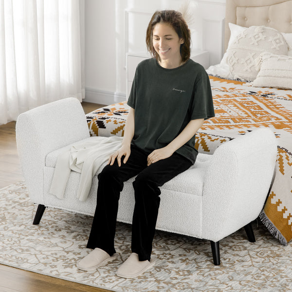 Banc de rangement rembourré avec accoudoirs, blanc crème