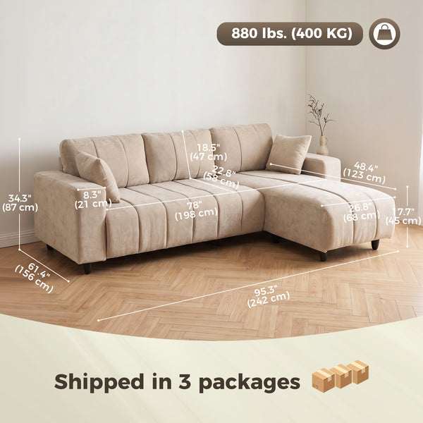 Canapé sectionnel en L beige avec méridienne réversible et ressorts ensachés, beige