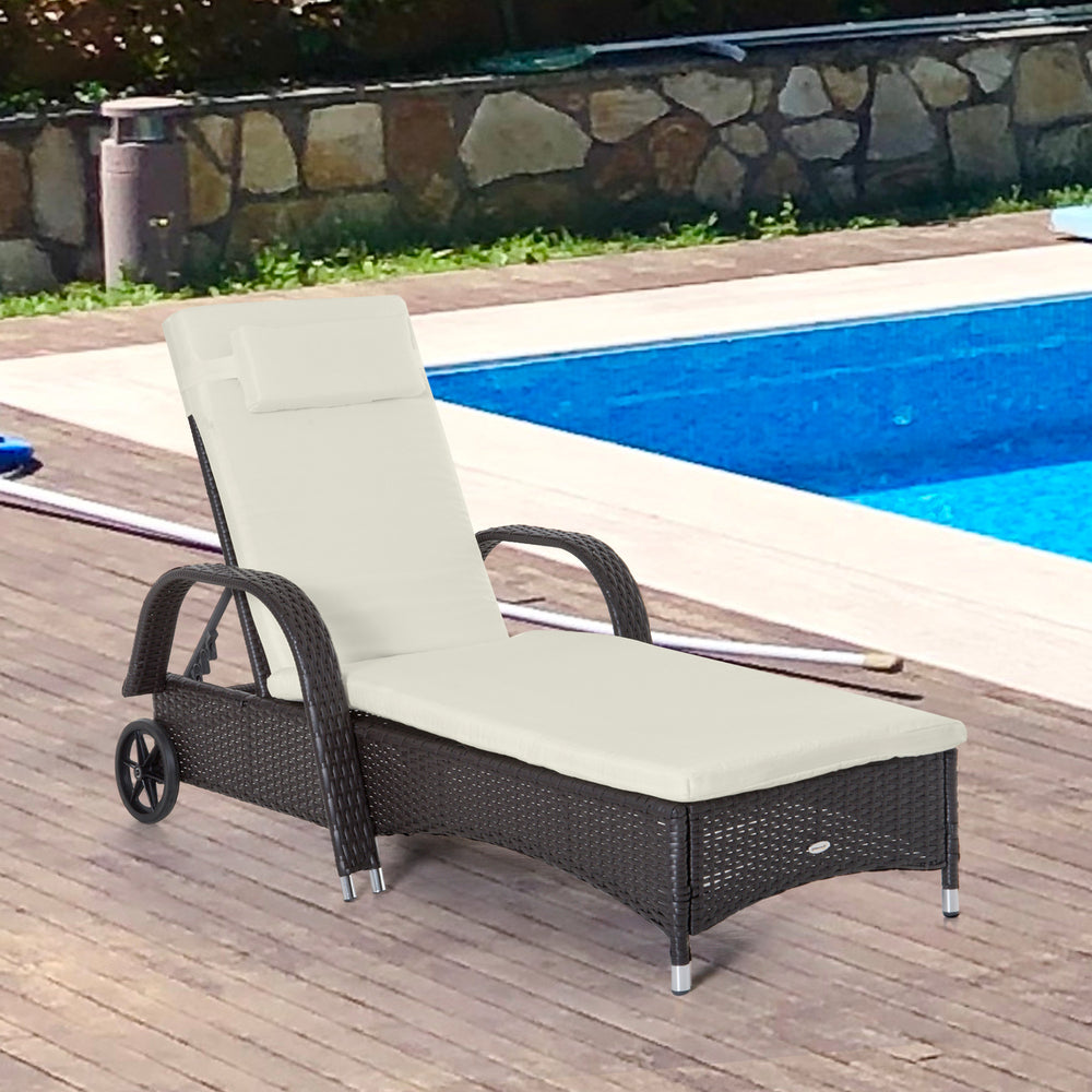 Chaise longue en résine tressée avec appui-tête, blanc crème