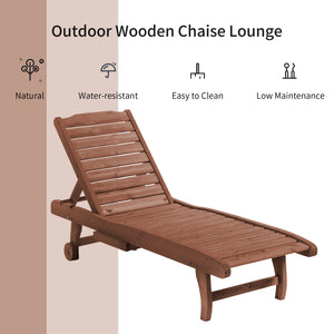Wooden Outdoor Lounge Chair, Adjustable Patio Outdoor Chaise Recliner Garden Furniture, Tanning Chair with Pull-out Tray and 2 Wheels, Brown