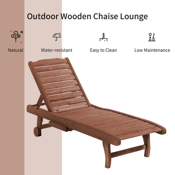 Wooden Outdoor Lounge Chair, Adjustable Patio Outdoor Chaise Recliner Garden Furniture, Tanning Chair with Pull-out Tray and 2 Wheels, Brown