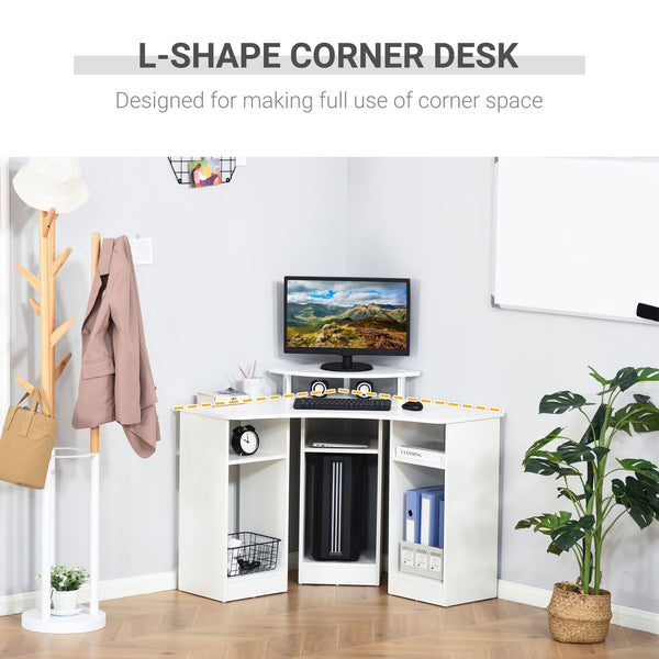 L-shaped computer desk with monitor stand, white