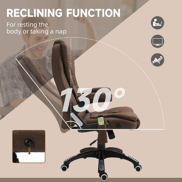 Reclining massage office chair with high back and swivel casters, brown