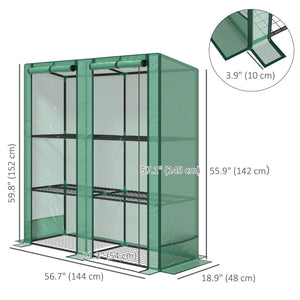 Lean-to greenhouse with 3-tier shelves, green
