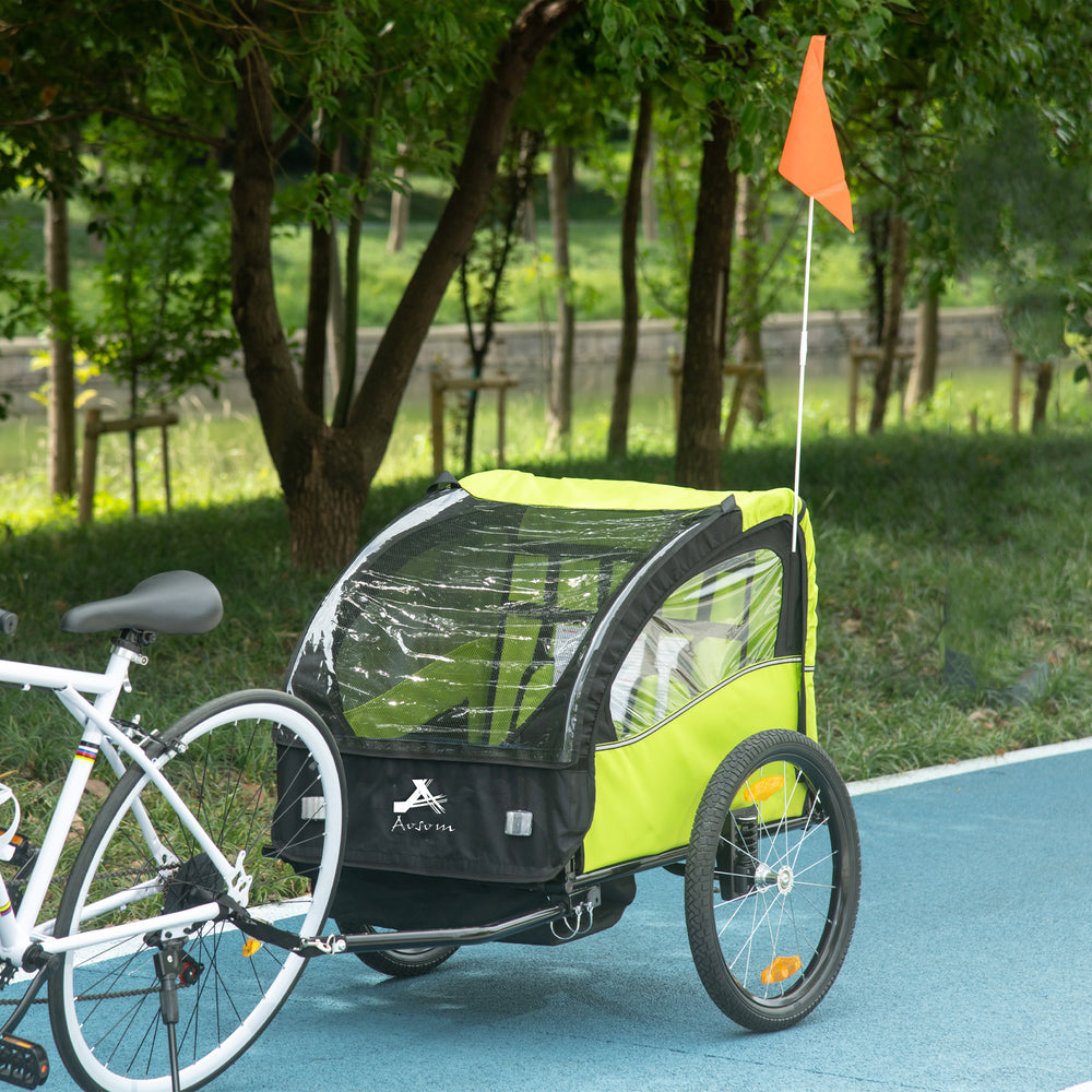 Remorque pour vélo 2 places avec harnais 5 points, roues de 20 pouces, verte