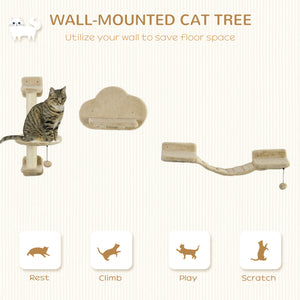 Wall-mounted cat tree with scratching post, ladder, perches and cloud-shaped shelves, beige