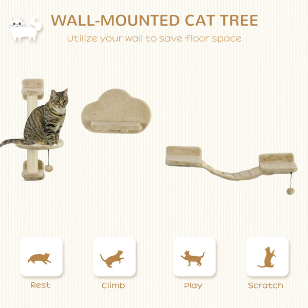Wall-mounted cat tree with scratching post, ladder, perches and cloud-shaped shelves, beige