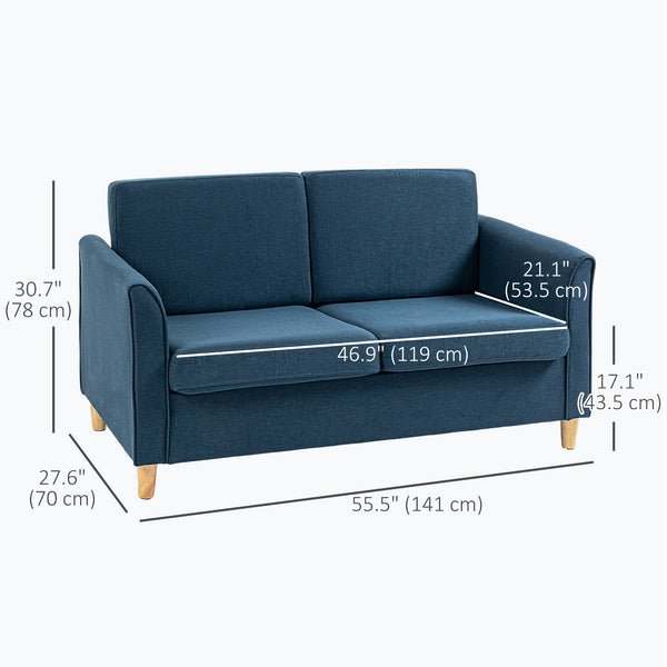 Canapé 2 places avec accoudoirs et pieds en bois pour salon, chambre, bleu