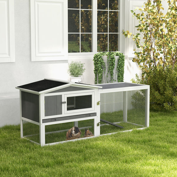 Wooden hutch with removable tray, opening roof, waterer and run, grey
