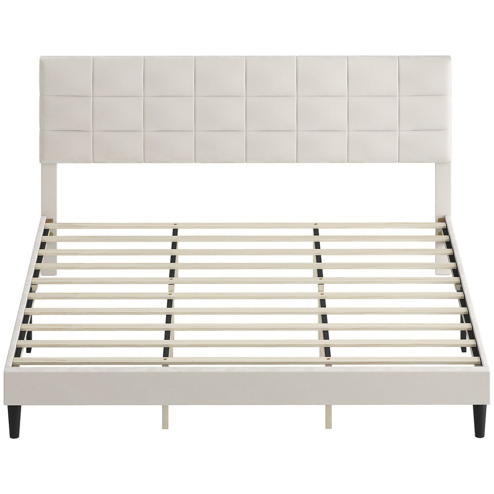 Cadre de lit king size avec tête de lit rembourrée avec lattes en bois, capacité de charge de 500 kg, couleur crème