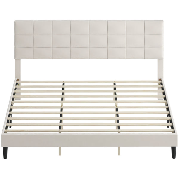Cadre de lit king size avec tête de lit rembourrée avec lattes en bois, capacité de charge de 500 kg, couleur crème
