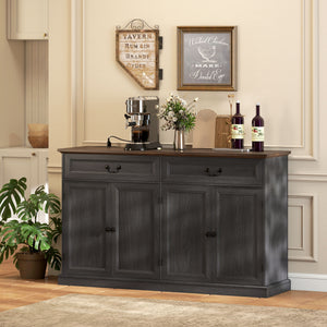 Buffet style ferme avec station de recharge, 2 tiroirs et 2 étagères réglables, finition bois gris