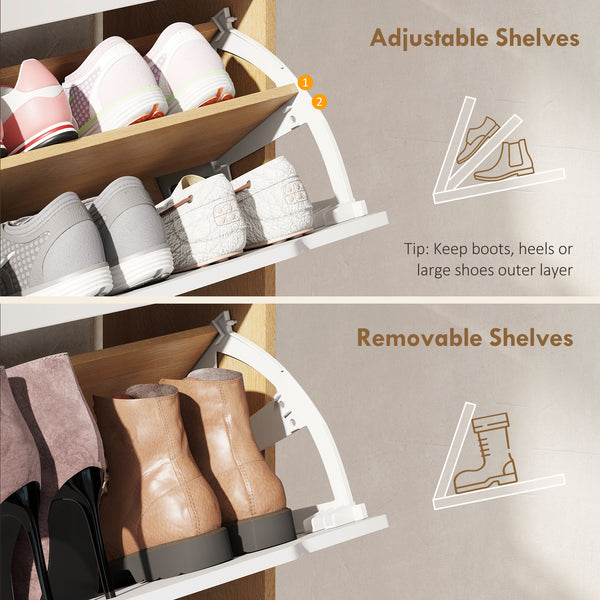 Narrow entryway shoe cabinet with 2 drop-down drawers, a top drawer and adjustable shelves for 12 pairs of shoes, white