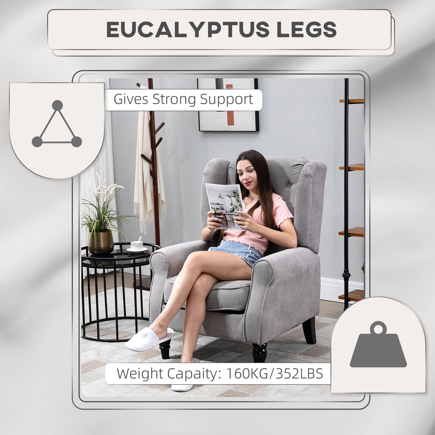 Modern fabric upholstered accent chair with wooden legs and rolled arms, gray
