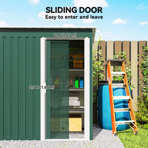 Abri de jardin avec porte coulissante et toit incliné, structure en acier, vert