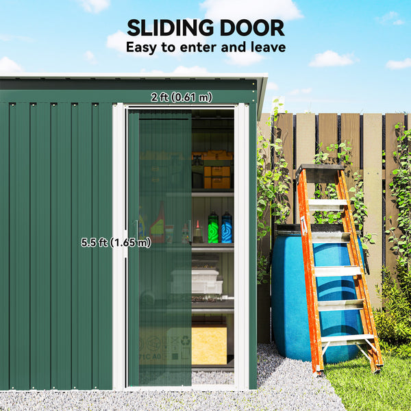 Abri de jardin avec porte coulissante et toit incliné, structure en acier, vert
