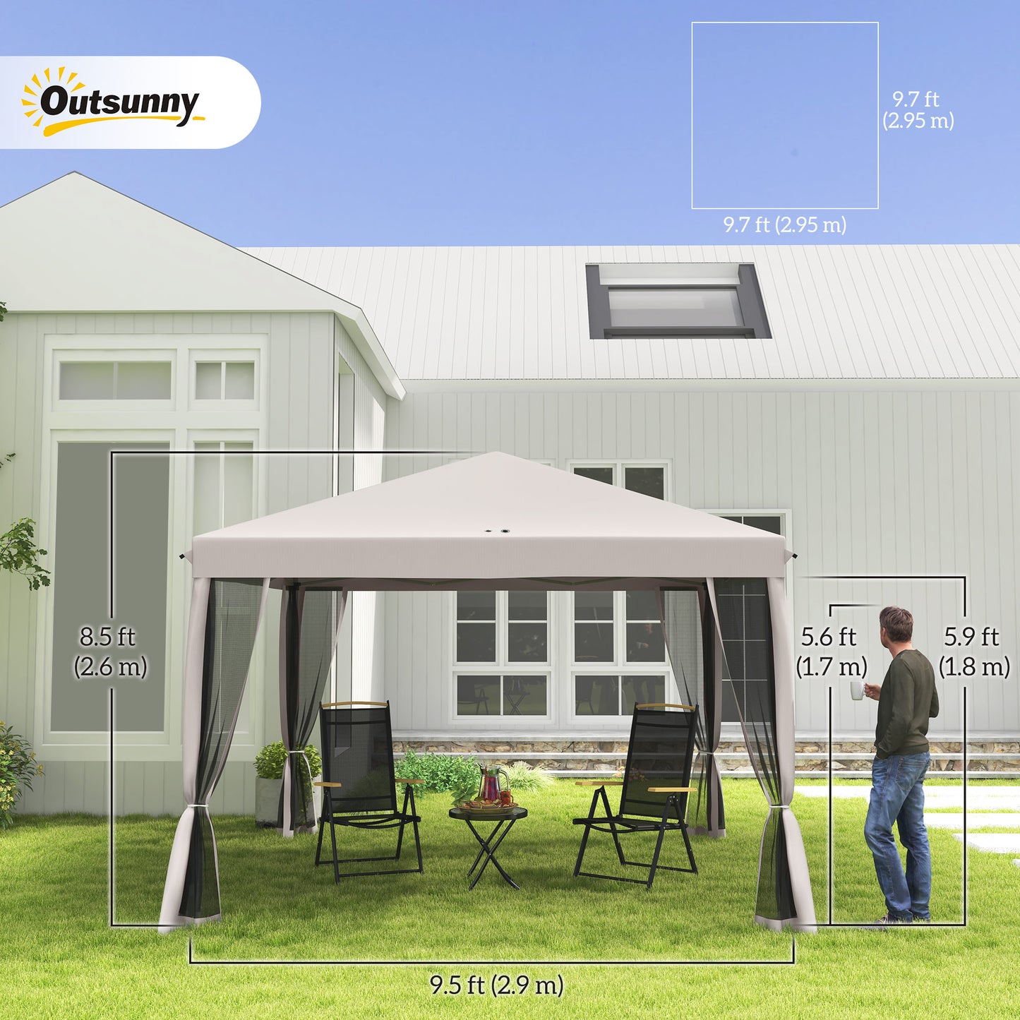 Gazebo pliant 10' x 10' avec filet latéral amovible et sac de transport, beige