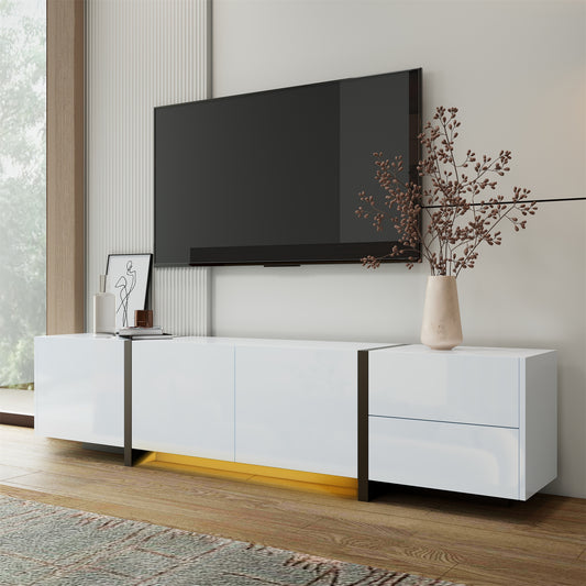 Meuble TV moderne avec finition brillante, grand espace de rangement avec tiroirs et armoires, blanc
