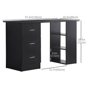Bureau avec étagères de rangement à 3 niveaux avec tiroirs, noir