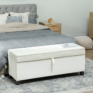Banc ottoman de rangement avec charnières de sécurité, blanc crème