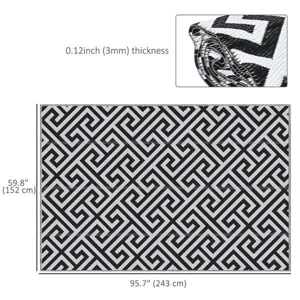 Tapis d'extérieur réversible pour patio, tapis en paille plastique 1,5 x 2,4 m pour jardin, terrasse, plage, camping, noir et blanc