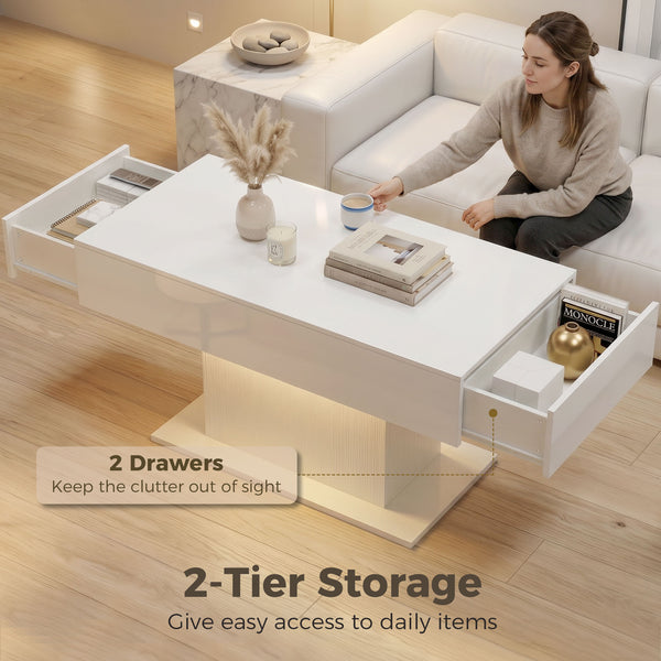 Table basse LED avec rangement, laquée brillante avec 2 tiroirs et télécommande pour salon, blanche