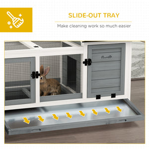 Rabbit hutch with wheels, ramp, run, and tray, gray