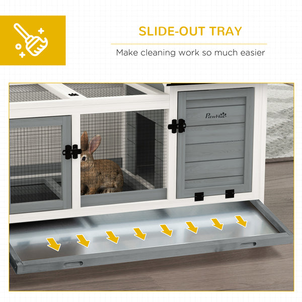 Rabbit hutch with wheels, ramp, run, and tray, gray