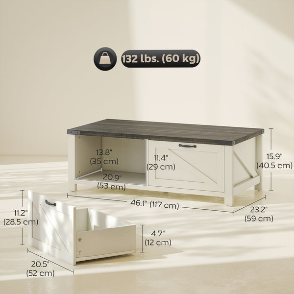 Table basse Farmhouse avec tiroir et étagère ouverte, blanc vieilli