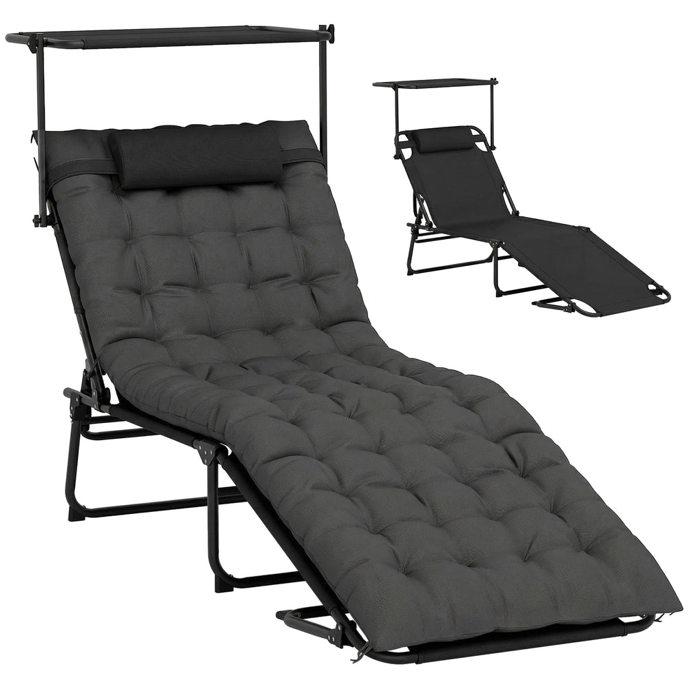 Folding Lounge Chair with Adjustable Canopy, 4-Position Outdoor Tanning Chair with Headrest, Dark Grey