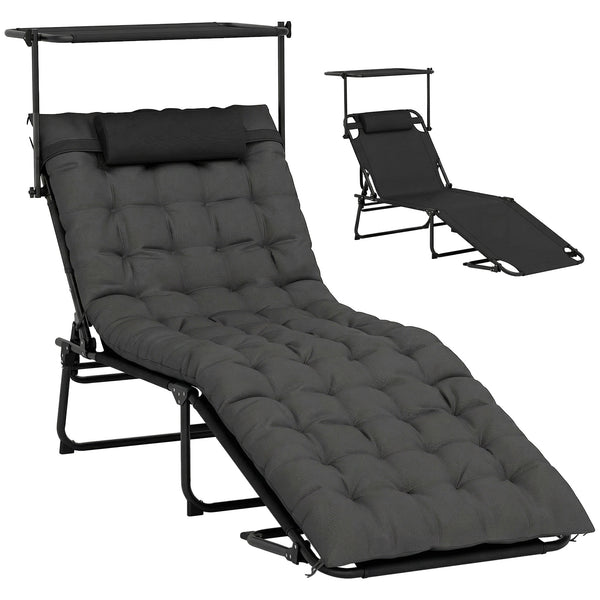 Folding Lounge Chair with Adjustable Canopy, 4-Position Outdoor Tanning Chair with Headrest, Dark Grey