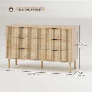 6-drawer chest, fluted panels and solid wood legs, oak color
