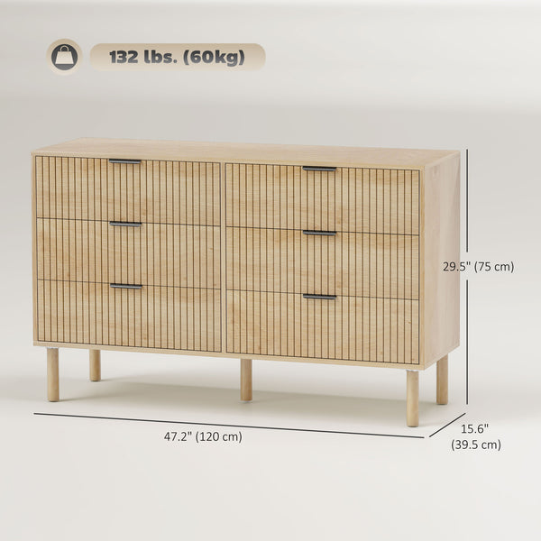 6-drawer chest, fluted panels and solid wood legs, oak color