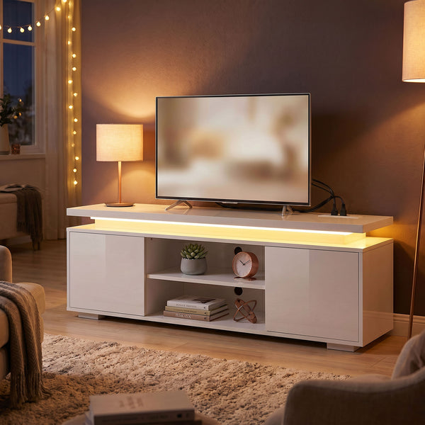 Meuble pour téléviseurs jusqu'à 60 pouces avec éclairage LED et prises électriques, blanc brillant