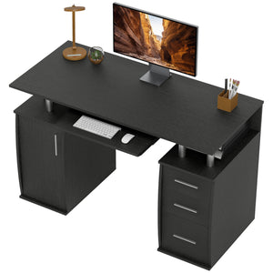 Computer desk with keyboard tray, drawers and storage shelves, black