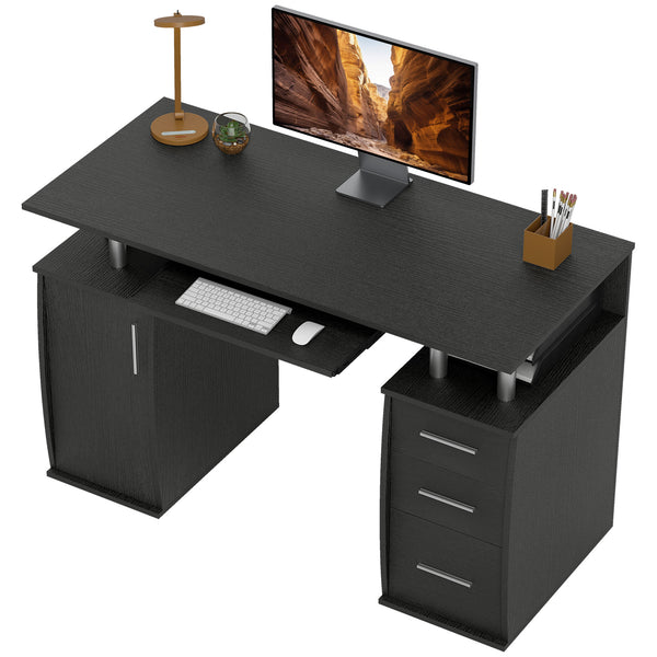 Computer desk with keyboard tray, drawers and storage shelves, black