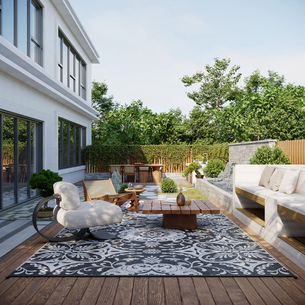 Tapis d'extérieur portable avec sac de transport, réversible, motif floral gris et blanc