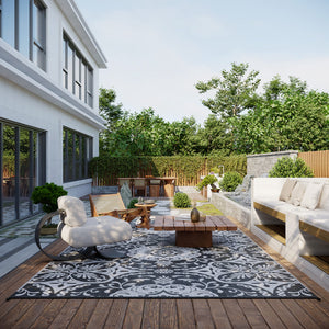 Tapis d'extérieur portable avec sac de transport, réversible, motif floral gris et blanc