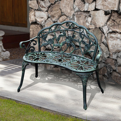 Outsunny 40 Inch Outdoor Garden Bench Cast Aluminum Antique Rose Style for Patio Park Yard Porch Balcony Lawn Green