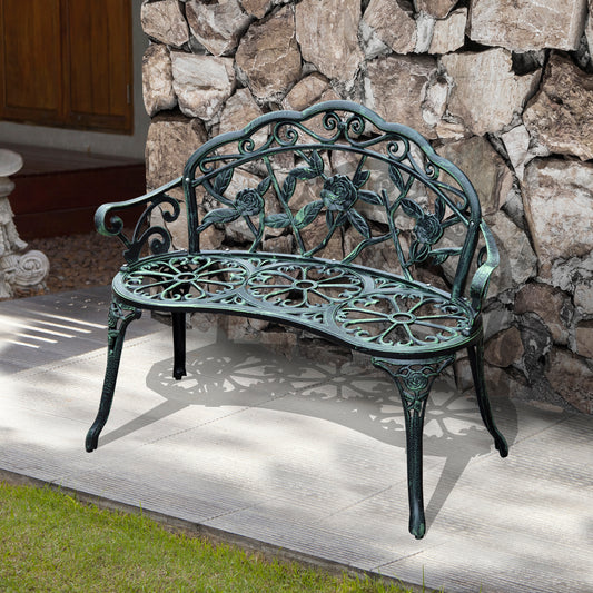 Outsunny 40 Inch Outdoor Garden Bench Cast Aluminum Antique Rose Style for Patio Park Yard Porch Balcony Lawn Green