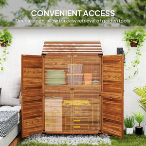 Wooden garden shed with double doors and shelves, mixed brown color