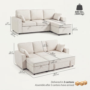 Canapé-lit d'angle modulable avec pouf de rangement réversible avec coussin à ressorts, beige