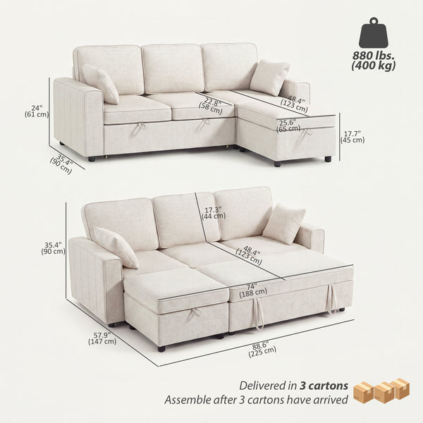 Canapé-lit d'angle modulable avec pouf de rangement réversible avec coussin à ressorts, beige