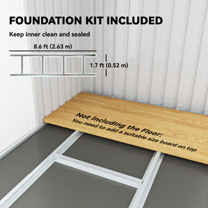 Metal garden shed with foundation kit, ventilation and doors, light grey