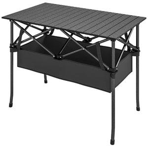 Table de camping pliante avec filet de rangement, sac de transport et structure métallique, noire